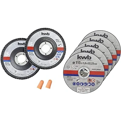 Abbildung von kwb 712051 Dünn Schleif Winkelschleifer f. Edel Stahl Inox in Aufbewahrungs Dose inkl. Ohrstöpsel ABM, Trennscheiben plus Schleifscheiben, Ø 115 mm