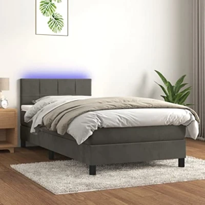 Abbildung von vidaXL Boxspringbett mit Matratze LED Polsterbett Bett Einzelbett Bettrahmen Bettgestell Lattenrost Schlafzimmerbett Hotelbett Dunkelgrau 90x200cm Samt