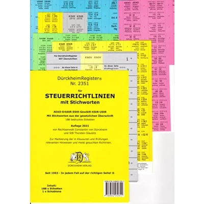 Abbildung von DürckheimRegister STEUERRICHTLINIEN mit Stichworten: 188 Registeretiketten (sog. Griffregister) EStR, UStR, ErbST, BewG, KStG UStR und AEAO In jedem ... Fall auf der richtigen Seite