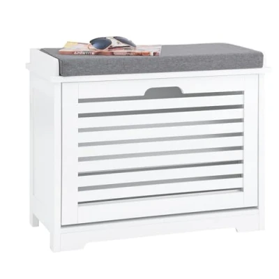 Abbildung von SoBuy Schuhkipper Schuhschrank mit Klappe Schuhbank Sitzkissen Schuhkommode Sitzbank Weiß BHT ca. 60x49x29cm FSR184 K W