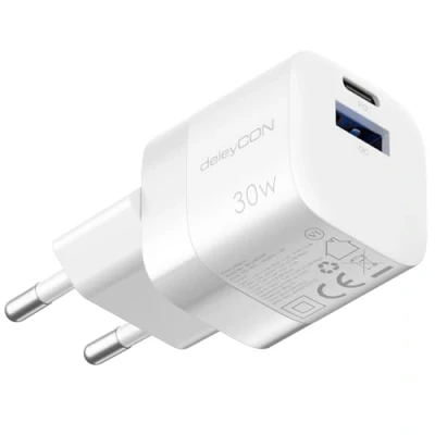 Abbildung von deleyCON Ladegerät USB A und C (2 Port Kompaktes 30W Schnellladegerät) GaN Netzteil für iPhone 16/15/14/13/12/11 iPad Galaxy S24/S23 Pixel Handy PD 3.0 Charger Weiß