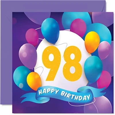 Abbildung von Stuff4 Geburtstagskarte zum 98. Geburtstag für Männer und Frauen Ballon Party Happy Birthday Cards for 98 Years Old Man Woman Great Grandad Grandma Gran Nanny Mum Papa, 145 mm x