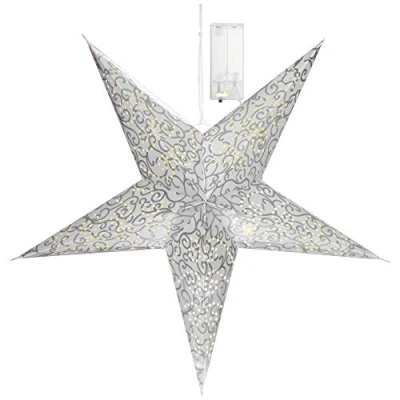 Abbildung von com four® Leuchtstern in 3D mit LED Beleuchtung und Timer warm weiß zum Aufhängen, Stabiler Premium Papierstern silberfarben (01x Stern silberfarben)