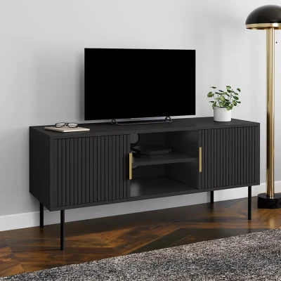 Abbildung von TV Möbel aus schwarzem Holz 110 cm 2 Türen mit Latteneffekt IDMarket