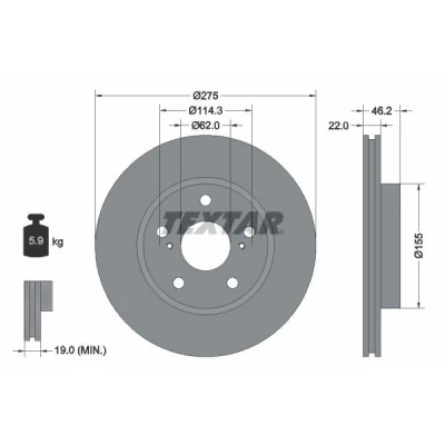 Abbildung von TEXTAR PRO 92163803 Bremsscheibe 275 22 05/07 114,3 innenbelüftet beschichtet ohne Radbefestigungsbolzen, Radnabe TOYOTA: Auris Schrägheck