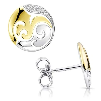 Abbildung von Materia Paar Ohrstecker Gold rund Ornament bicolor SO 388, aus Sterlingsilber vergoldet mit Zirkonia