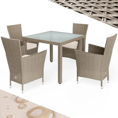 Abbildung von Casaria Garten Essgruppe, (5 tlg), Wetterfest Polyrattan 4 Stühle Stapelbar 90x90cm Esstisch Glas