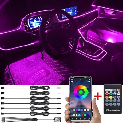 Abbildung von TABEN Auto Umgebungsbeleuchtung Kit 8m Glasfaser 64 Farben RF Fernbedienung + Bluetooth APP Steuerung USB Atmosphäre Licht, DIY 16 Millionen RGB Mehrfarbig Sound Musik Sync Innenbeleuchtung