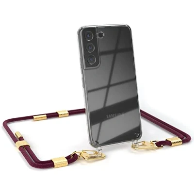 Abbildung von EAZY CASE kombinierbare Handyketten kompatibel mit Samsung Galaxy S22 5G, Transparente Silikon Hülle stylischen rundem Umhängeband, abnehmbar durch Karabiner, zum Umhängen, Beere Clips Gold