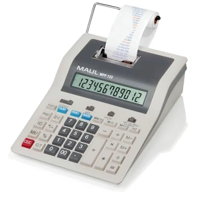 Abbildung von MAUL Tischrechner Printing MPP 123 druckender Rechner mit wichtigen kaufmännischen Funktionen und 12 stelligem Display 2 Farbiger Druck 2,4 Zeilen/Sek Netzbetrieb Grau