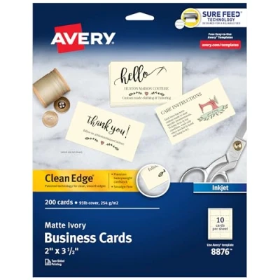 Abbildung von Avery Clean Edge bedruckbare Visitenkarten mit Sure Feed Technologie, 5,1 x 8,9 cm, elfenbeinfarben, 200 Blanko Karten für Tintenstrahldrucker (08876)
