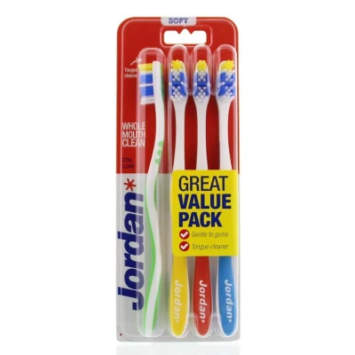 Abbildung von Jordan Total Clean Zahnbürsten Soft 4er Pack mit Zungenreiniger