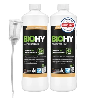 Abbildung von BiOHY Spezial Polsterreiniger (2 x 1 liter) + Dosierer Konzentrat für Sofas, Polstermöbel, Teppiche &amp; Textilien Nasssauger Waschsauger Fleckentferner effektiver Textilerfrischer