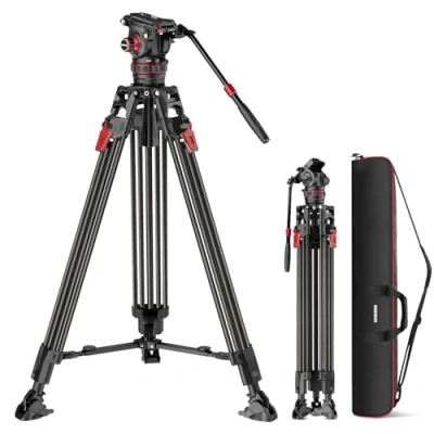 Abbildung von NEEWER 78&quot; Kohlefaser Video Kamerastativ, dämpfender einstellbarer Fluidkopf Ein Schritt Schnellverschluss mit QR Platte und Griff robustes Stativ für DSLR Kamera Camcorder max Tragkraft 10kg LL37
