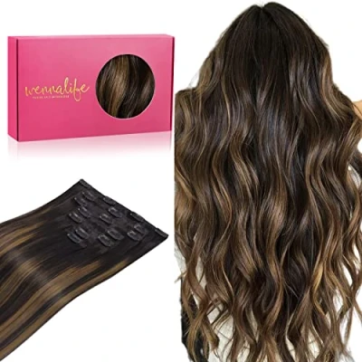 Abbildung von WENNALIFE Clip in Extensions Echthaar, 55cm 22 Zoll 120g 7pcs Balayage Natürliches Schwarz bis Chestnut Braun Hair Echthaar Remy Haarverlängerung