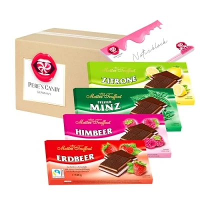 Abbildung von 4 x Maître Truffout Cremeschokolade Tafel Pfefferminz Himbeer Zitrone Erdbeer 100g mit Geschenk von Pere&#039;s Candy