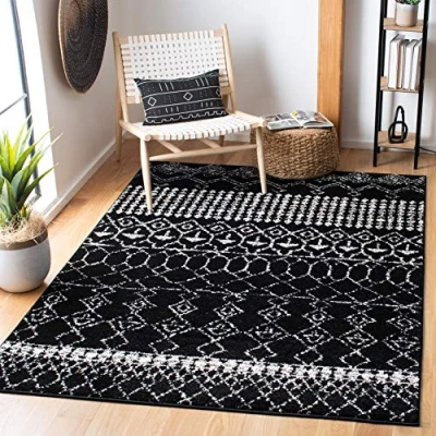Abbildung von SAFAVIEH Boho Teppich für Wohnzimmer, Esszimmer, Schlafzimmer Tulum Collection, Kurzer Flor, Schwarz und Elfenbein, 91 X 152 cm