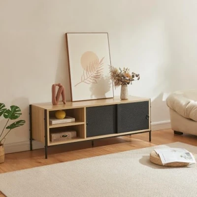Abbildung von [en.casa] TV Schrank Tysnes Lowboard mit 2 Schiebetüren Fernsehtisch Kabeldurchlässen Kommode Fernsehschrank 120 x 40 45 cm Metallgestell Eichenoptik/Schwarz