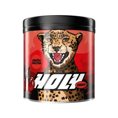 Abbildung von HOLY Energy Gaming Booster &#039;Cherry Cheetah&#039; mit Kirsch Geschmack Pulver 50 Portionen NewCaff &amp; Grüntee Extrakt Focus Drink Vegan 100% natürlichen Fruchtaromen