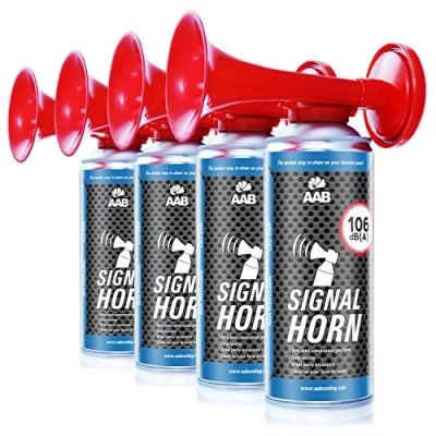 Abbildung von 4 x AAB Signal Horn Laut Nebelhorn 106 dB(A) Mit Nicht Brennbarem Gas, Bis Zu 120 Kurze Pieptöne, Airhorn, Fußball Tröte, Gasfanfare, Pressluft Luftdruck Fanfare, Drucklufthupe, Tröte