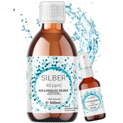 Abbildung von 1x 500ml Kolloidales Silber (40 ppm) in Braunglasflasche mit 30ml Spray Sprühflasche Silberwasser Reinstwasser 100% Kolloidal