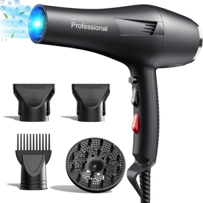 Abbildung von HappyGoo Ionen Föhn Profi Haartrockner mit Diffusor &amp; 2 Stylingdüsen, 3 Heiz Gebläsestufen, m Kabel Leistungsstarker Haarföhn für die ganze Familie