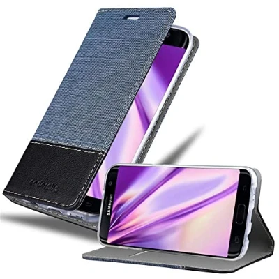 Abbildung von Cadorabo Hülle kompatibel mit Samsung Galaxy S7 Edge aus Jeans und Kunst Leder Flip Klappbare Stoßfeste Magnetische [Standfunktion] [Kartenfächern] Cover für Tasche in Blau