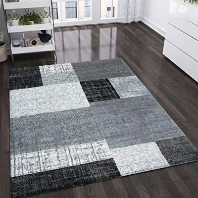 Abbildung von VIMODA Teppich Wohnzimmer Kurzflor Designer Teppiche in Schwarz Grau Weiß Kachel Optik Kariert Pflegeleicht, Maße:60x110 cm