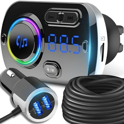 Abbildung von Retoo FM Transmitter Auto Radio Bluetooth 5.0 Adapter Dual USB Ladegerät KFZ Transmitter, 110 cm, Breiter Frequenzbereich, Zwei Anschlüsse, RGB Beleuchtung