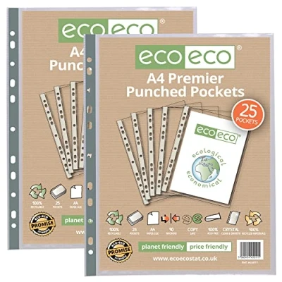 Abbildung von eco Klarsichthüllen, A4, 100% recycelt, mehrfach gelocht, transparent, Poly Hülle, 90 Mikron, 50 Stück
