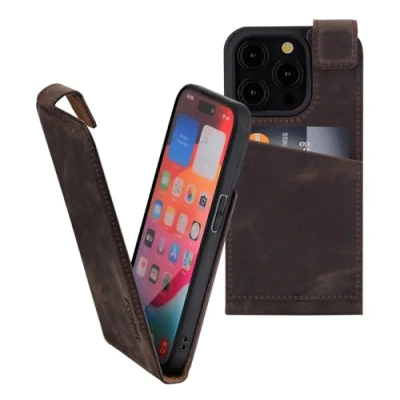 Abbildung von Suncase Original Flip Style (Ultra Slim) kompatibel mit iPhone 14 Pro (6.1&quot;) Hülle Ledertasche Tasche Schutzhülle Case Cover in antik braun