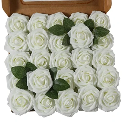 Abbildung von Ruiuzioong Künstliche 25 Stück Rosen Blumen Schaumrosen Foamrosen Kunstblumen Rosenköpfe Gefälschte Kunstrose Rose für Hochzeit Blumensträuße Braut Zuhause Dekoration (Elfenbein, Stück)