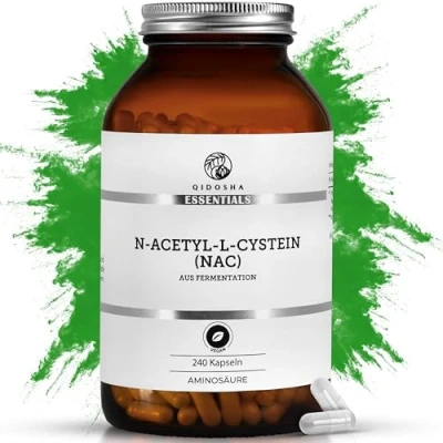 Abbildung von QIDOSHA® NAC 800 Kapseln hochdosiert, 240 im Apothekerglas, 800mg N Acetyl L Cystein je Kapsel, vegan, laborgeprueft, deutsche Fertigung