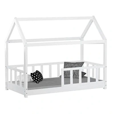 Abbildung von Homestyle4u 2048, Kinderbett 80x160 mit Rausfallschutz, Bodenbett Hausbett Kinder, Weiß Holz Kiefer Lattenrost