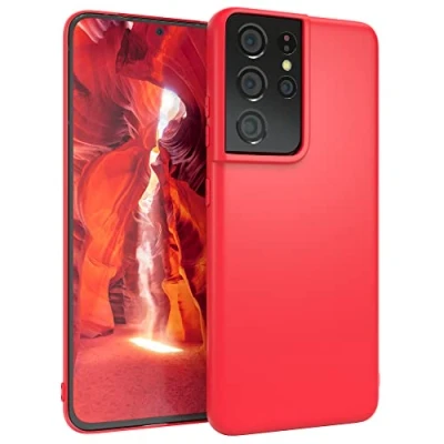 Abbildung von EAZY CASE Handyhülle Silikon mit Kameraschutz kompatibel Samsung Galaxy S21 Ultra 5G in Rot, dünn, Slimcover, Silikonhülle, Hülle, Softcase, Backcover
