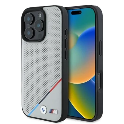 Abbildung von CG MOBILE BMW HC M Handyhülle entworfen für iPhone 16 Pro Max, langlebig, stoßfest, kompatibel mit Magsafe, PU perforierte Tricolor Line Hülle, Grau