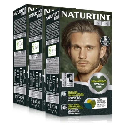 Abbildung von Naturtint Men Permanente Haarfarbe Ohne Ammoniak Speziell für Männer 100% Grauabdeckung Haare und Bart Natürliche Langanhaltende Farbe Inhaltsstoffe 7N Haselnussblond Pack