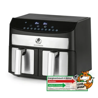 Abbildung von KOCHWERK Doppelkammer Heißluftfritteuse 7 L Digitaler Edelstahl Airfryer mit Touchscreen &amp; 10 Programmen Frittieren von Speisen ohne Öl fettarm Smart Cook Funktion 2400 W