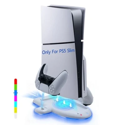 Abbildung von Mcbazel PS5 Slim Ständer Kühlstation nur für Playstation 5 Konsole, 3 Geschwindigkeitsanpassung RGB Effekt Kühlständer Dual Controller Ladestation Dock mit Speicherfunktion