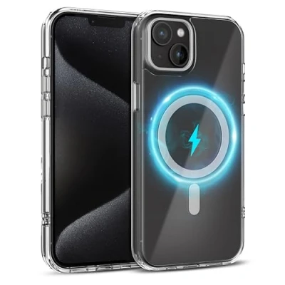 Abbildung von MyGadget Hülle für Apple iPhone 14 Plus [ Kompatibel mit MagSafe ] vergilbungsbeständig magnetische Hybrid Handyhülle Rückseite Hart Rand Silikon Transparent