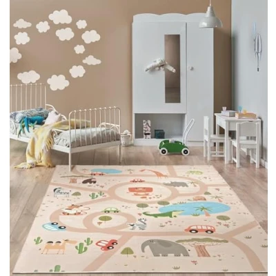 Abbildung von the carpet Happy Life Kinderzimmer, Kinderteppich, Spielteppich, Straßenteppich, Straße, Dschungel, Tiere, Auto, Beige 2, 160 x 220 cm