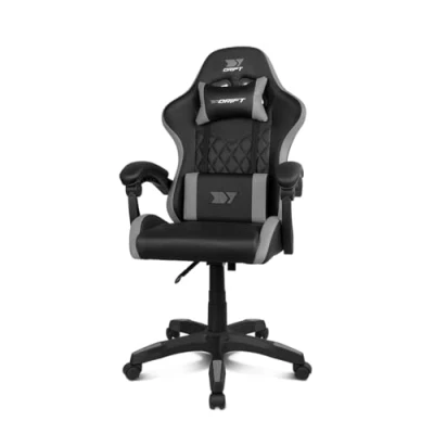 Abbildung von DRIFT GAMING DR35 Professioneller Stuhl, Kunstleder, gepolsterte Armlehnen, Kolben der Klasse 3, verstärkte Nylonbasis, neigbarer Sitz, höhenverstellbar, Lenden /Halswirbelsäulenkissen, Schwarz/Grau