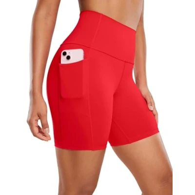 Abbildung von CRZ Yoga Naked Feeling Damen Kurze Leggings High Waist Radlerhose Fitness Sporthose mit Taschen 15cm Tiefrot 44