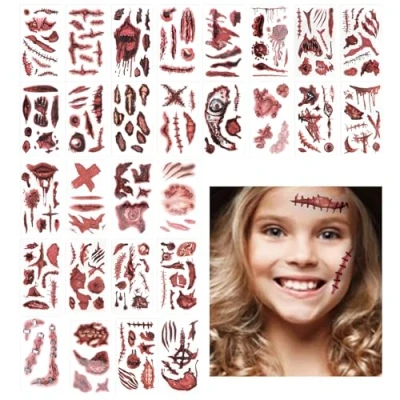 Abbildung von OWill 30 Blatt Halloween tattoos,halloween narben wunden tattoos aufkleber,halloween kostüm damen gruselig,halloween tattoo gesicht kinder,halloween make up tattoo,halloween zombie verkleidung
