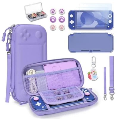 Abbildung von Younik Switch Lite Hülle, 14 in 1 Zubehör mit Tasche, klare Schutzhülle, Spielkartenhülle, 2 Bildschirmschützern, 6 Daumengriffen, Anhänger, Lila Tragetasche für