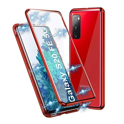 Abbildung von Schutzhülle für Samsung Galaxy S20 FE 5G, magnetische Adsorption, stoßfest, doppelseitig transparent, Hartglas, Schutzhülle, Aluminium, Metallrahmen, 360 Grad Schutz, Rot