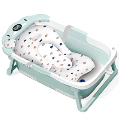 Abbildung von ITMNMNL Baby Badewanne Faltbare Babybadewanne,Babybadewanne Faltbar mit Thermometer,Baby Bathtub Babywanne Sitzmatte,Badewanne Baby,Baby Badewanne,Geburtsgeschenk für Babys von 0 36 Monaten Grün
