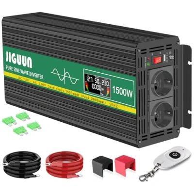 Abbildung von JIGUUN 1500W Wechselrichter Reiner Sinus Spannungswandler 12V 230V Inverter mit 2 EU Steckdosen &amp;2.1A USB Ausgang，Kabellose Fernbedienung und LCD Anzeige Spitzenleistung 3000W für LKW Camping Notfall