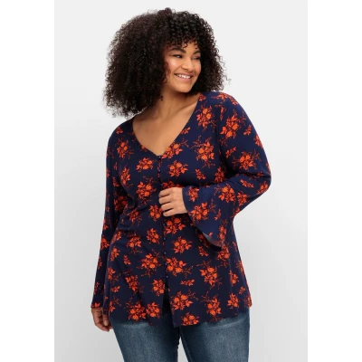 Abbildung von Sheego Langarmshirt Hemdbluse, Damen, Größe: 40/42, Nachtblau gemustert