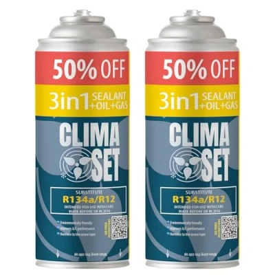 Abbildung von ClimaSet 3in1 R134a Kältemittel Ersatzgas Kühlmittel Klima Auto mit Dichtmittel und Öl Gasflasche 2x235 g Klimaanlage Nachfüllset Wohnmobil ECO